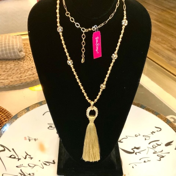 Lilly Pulitzer NWT CRYSTAL GOLD LINK TASSEL NECKLACE⭐️STUNNING NEW + Lilly POUCH - Picture 9 of 16